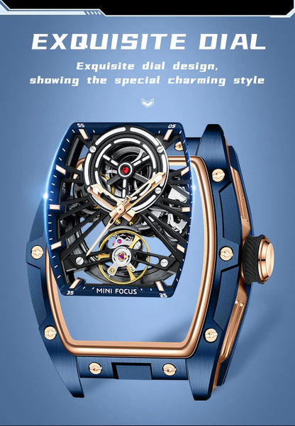 MINI FOCUS Men's Wristwatch Fashion Black Waterproof Automatic Mechanical Watch with Luminous Hands Silicone Strap Tonneau Dial