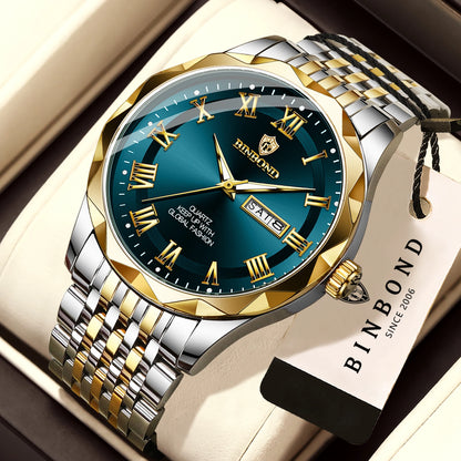 Montre-bracelet de luxe à quartz BINBOND Original Brand pour homme, lumineuse, étanche, date automatique, affichage du jour de la semaine, style décontracté.