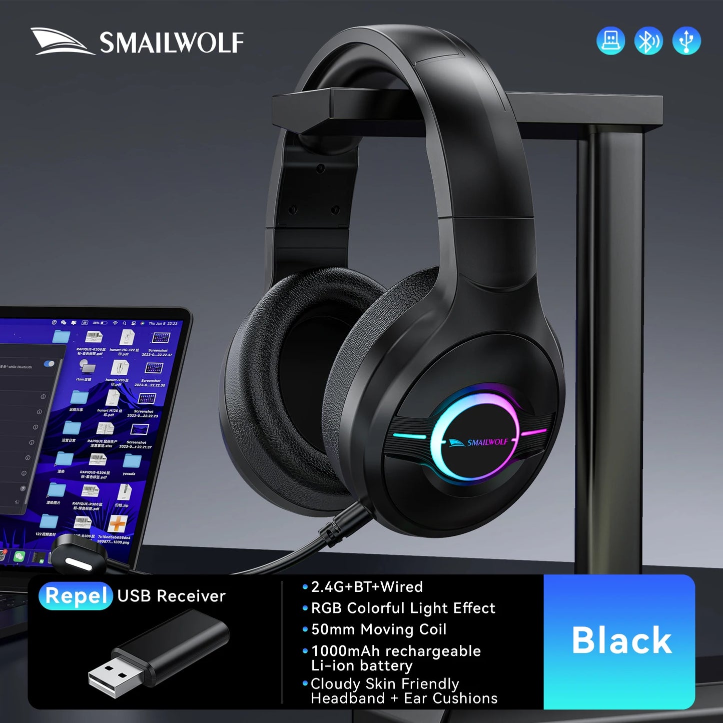 SMAILWOLF L80 Wireless Gaming Headset Bluetooth 5.0 & 2.4GHz Triple-Mode Gaming Headphones with Microphone for PC, Laptop, PS5 & Mobile