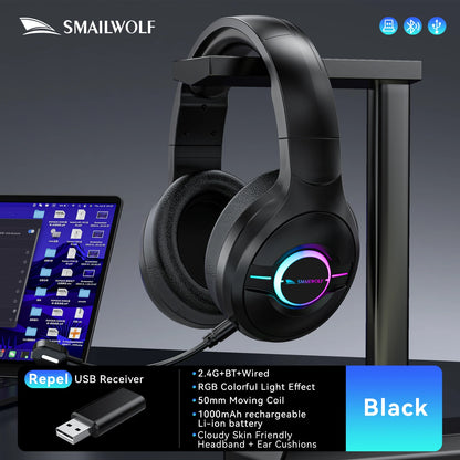 SMAILWOLF L80 Wireless Gaming Headset Bluetooth 5.0 & 2.4GHz Triple-Mode Gaming Headphones with Microphone for PC, Laptop, PS5 & Mobile