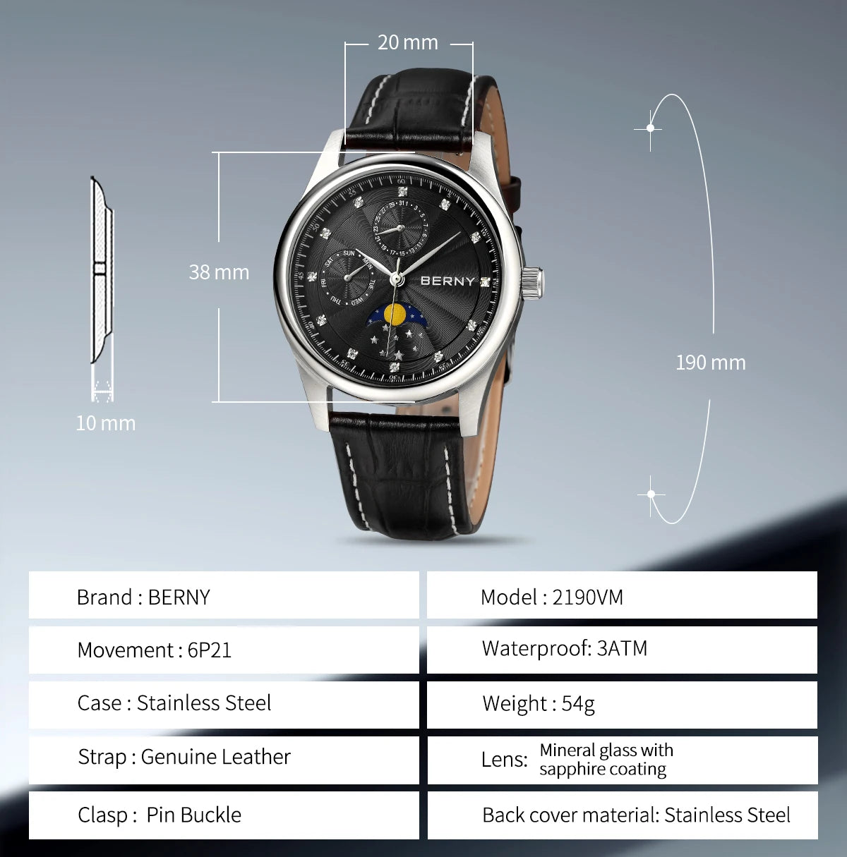 BERNY Men Watch Date Weeks Moon Phase Quartz Watches for Men Stainless Steel Leather Strap Business Wristwatch Male Clock