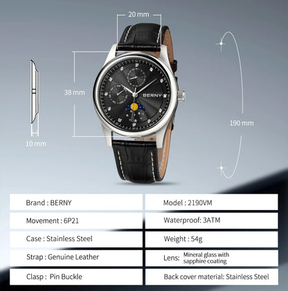 BERNY Men Watch Date Weeks Moon Phase Quartz Watches for Men Stainless Steel Leather Strap Business Wristwatch Male Clock