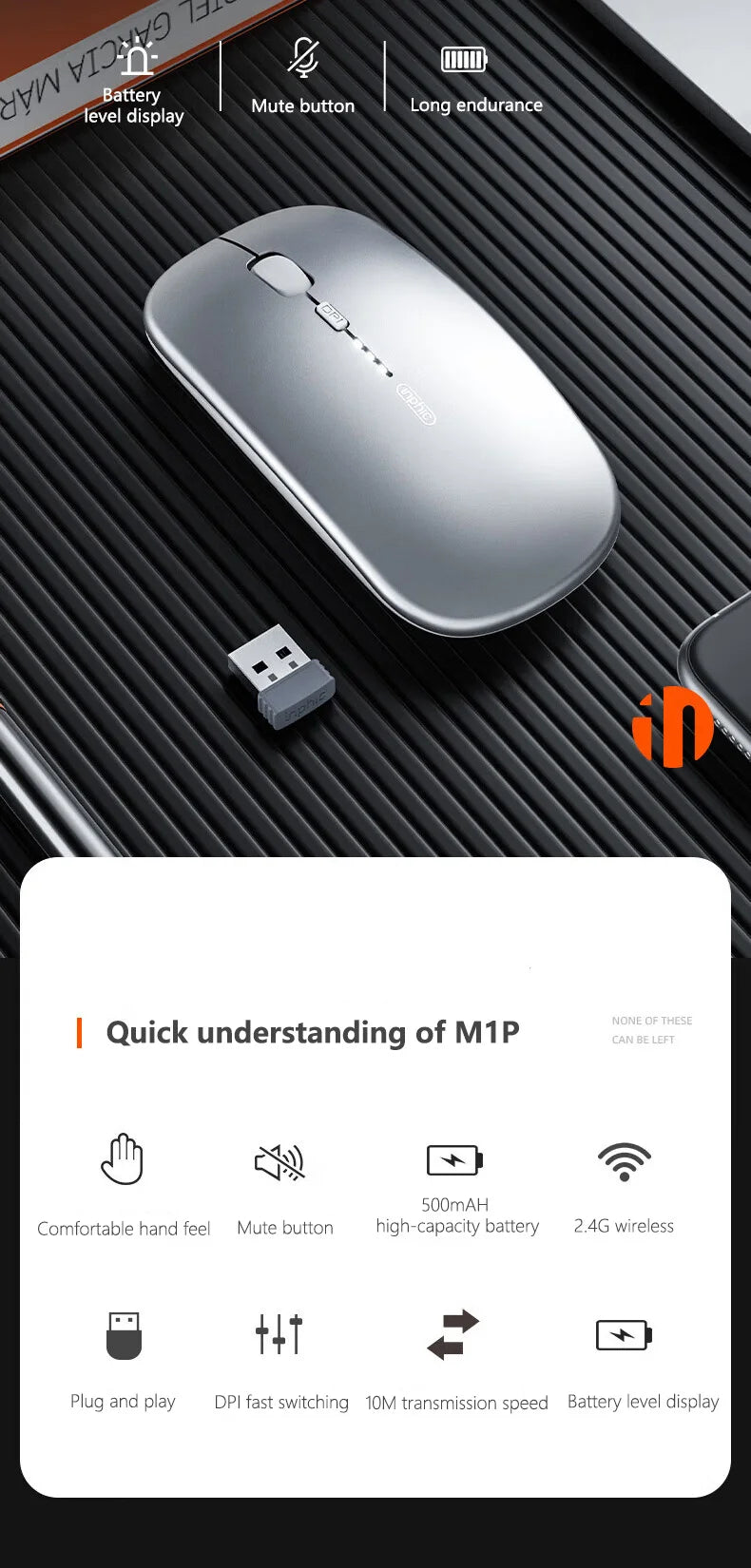 Inphic M1P langaton hiljainen toimistohiiri, erittäin ohut ja kannettava, USB-liitäntä, akun varaustason näyttö, TYPE-C-lataus