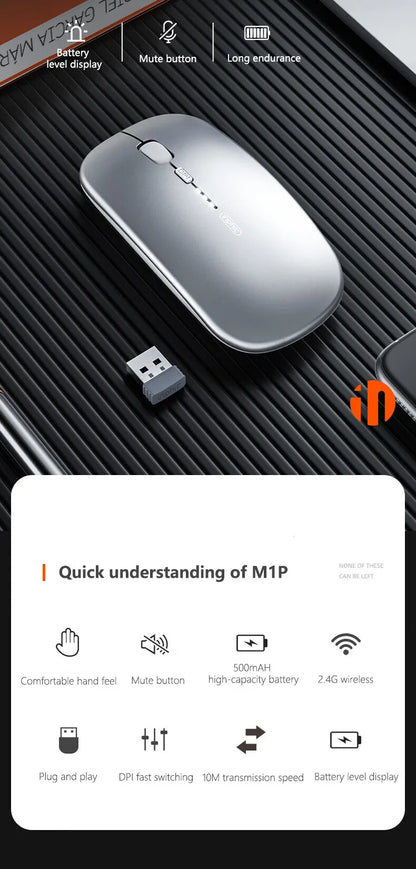 Inphic M1P langaton hiljainen toimistohiiri, erittäin ohut ja kannettava, USB-liitäntä, akun varaustason näyttö, TYPE-C-lataus