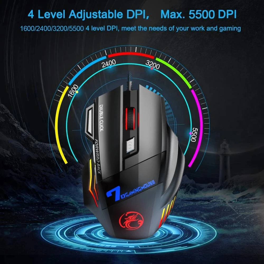 RGB Wired Gaming Mouse USB Ergonomic Gaming Mouse with 7 Buttons, 5500 DPI, Silent Click, RGB Backlit Wired Gaming Mouse for PC & Laptop