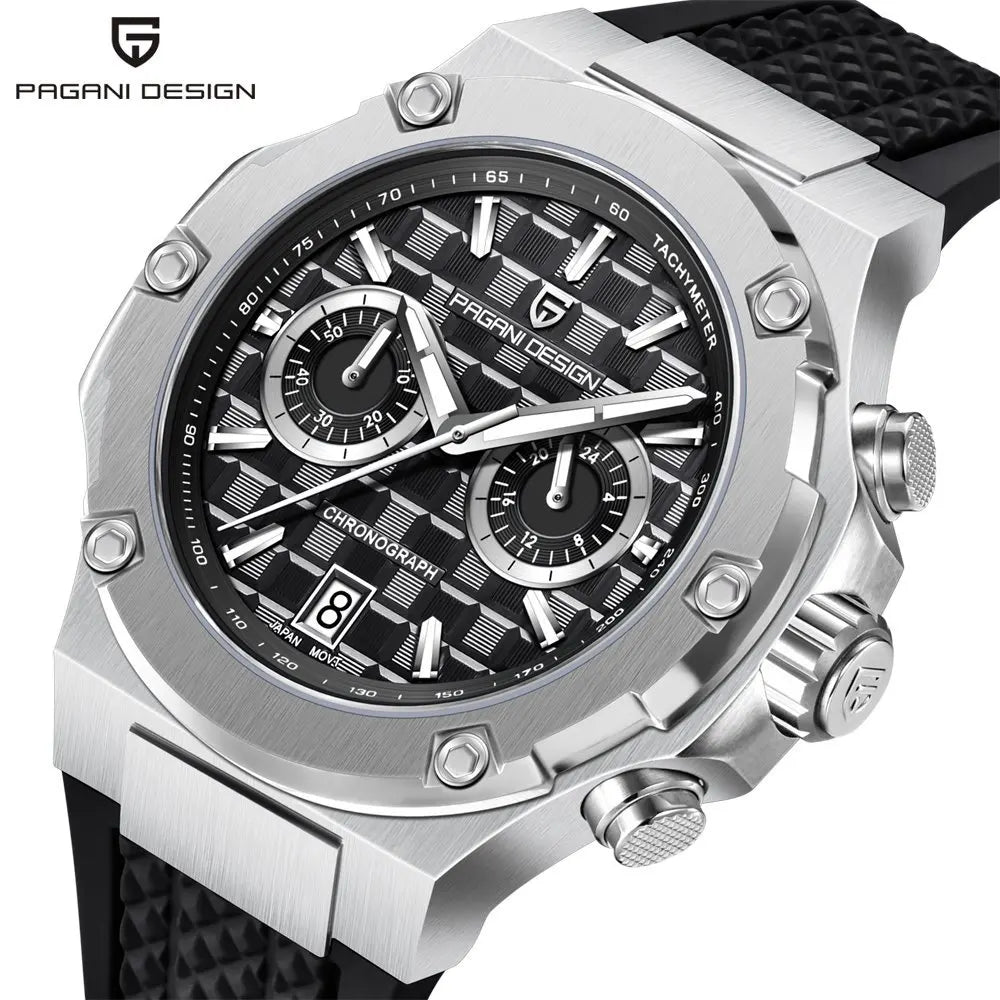 PAGANI DESIGN PD-YS032 Men's Quartz Watch 44mm Japan VK64 Movt Stainless Steel Case Rubber Strap Sapphire Glass 100M Waterproof
