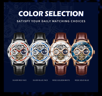 OLEVS Top Brand Men's Skeleton Mechanical Watch Waterproof Leather Strap Men Moon Phase Automatic Tourbillon Wristwatch for Men