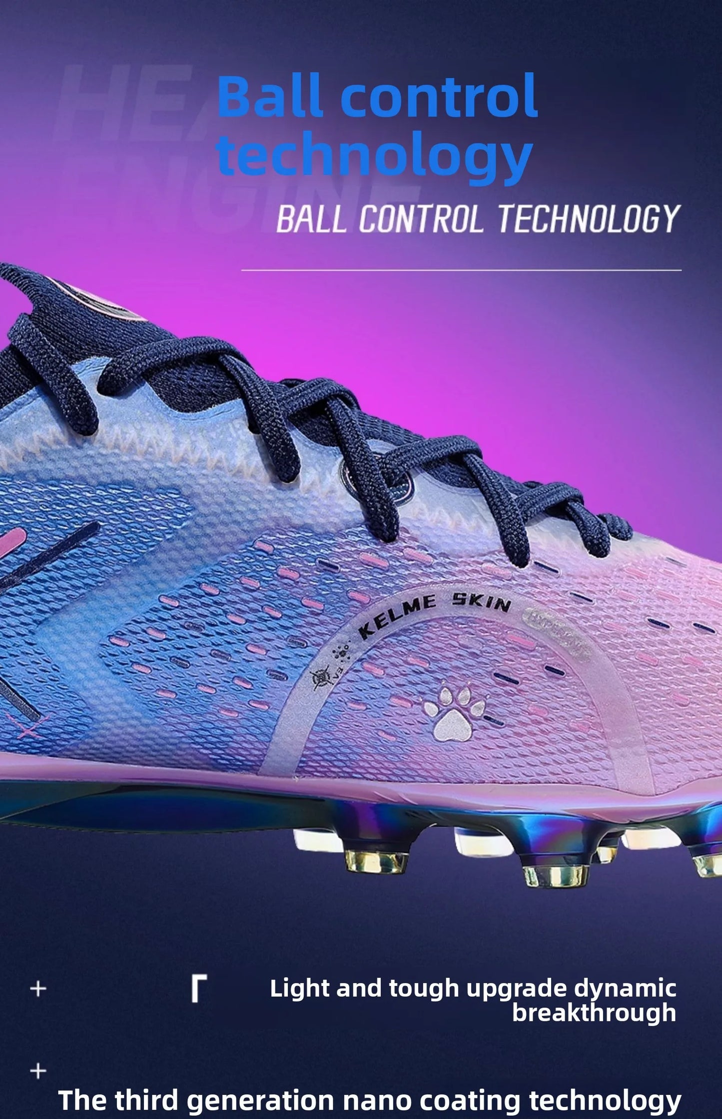 KELME FG profesionalūs futbolo bateliai su ilgais dygliais natūraliai žolei, profesionalioms rungtynėms, neslystantys futbolo bateliai patalpoms