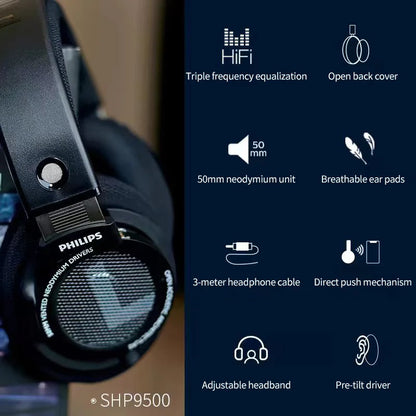 Philips SHP9500 HiFi Stereo Wired Headphones – Professional Open-Back Over-Ear Headset for Music, Gaming, Mobile & PC – High Precision Sound, 50mm Drivers, Crystal Clear Audio Performance