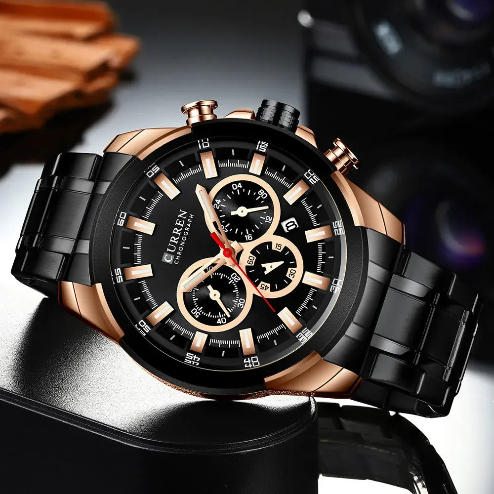 Pánské chronografové hodinky CURREN, velký ciferník o průměru 48 mm, náramek z nerezové oceli, tři pomocné ciferníky, sportovní náramkové hodinky s quartzovým strojkem, luxusní styl