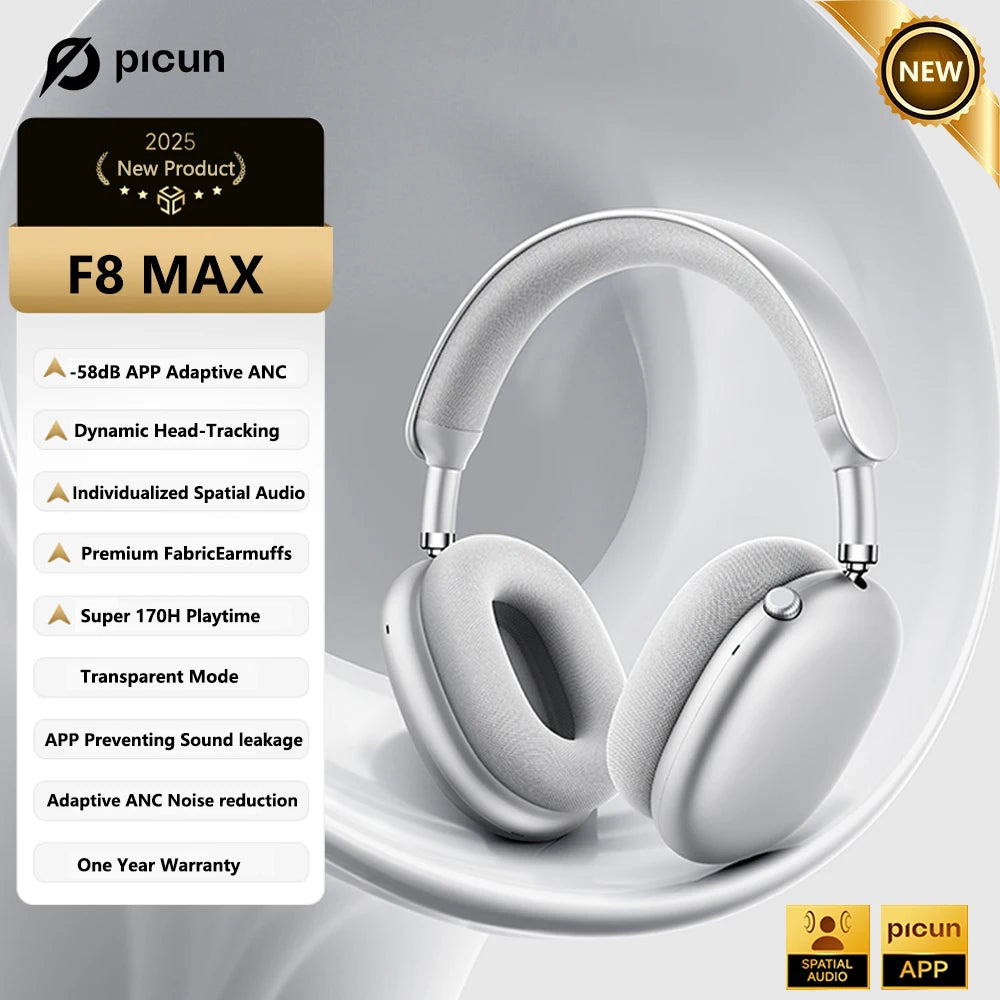 Picun F8MAX ANC Wireless Headphones 59dB Noise Cancelling Bluetooth 6.0 Over Ear Headset with Spatial Audio, 180H Battery Life & HiFi Sound