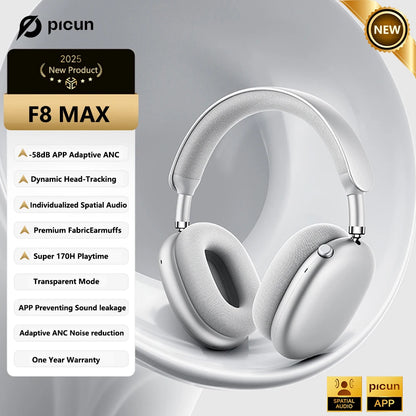 Picun F8MAX ANC Wireless Headphones 59dB Noise Cancelling Bluetooth 6.0 Over Ear Headset with Spatial Audio, 180H Battery Life & HiFi Sound