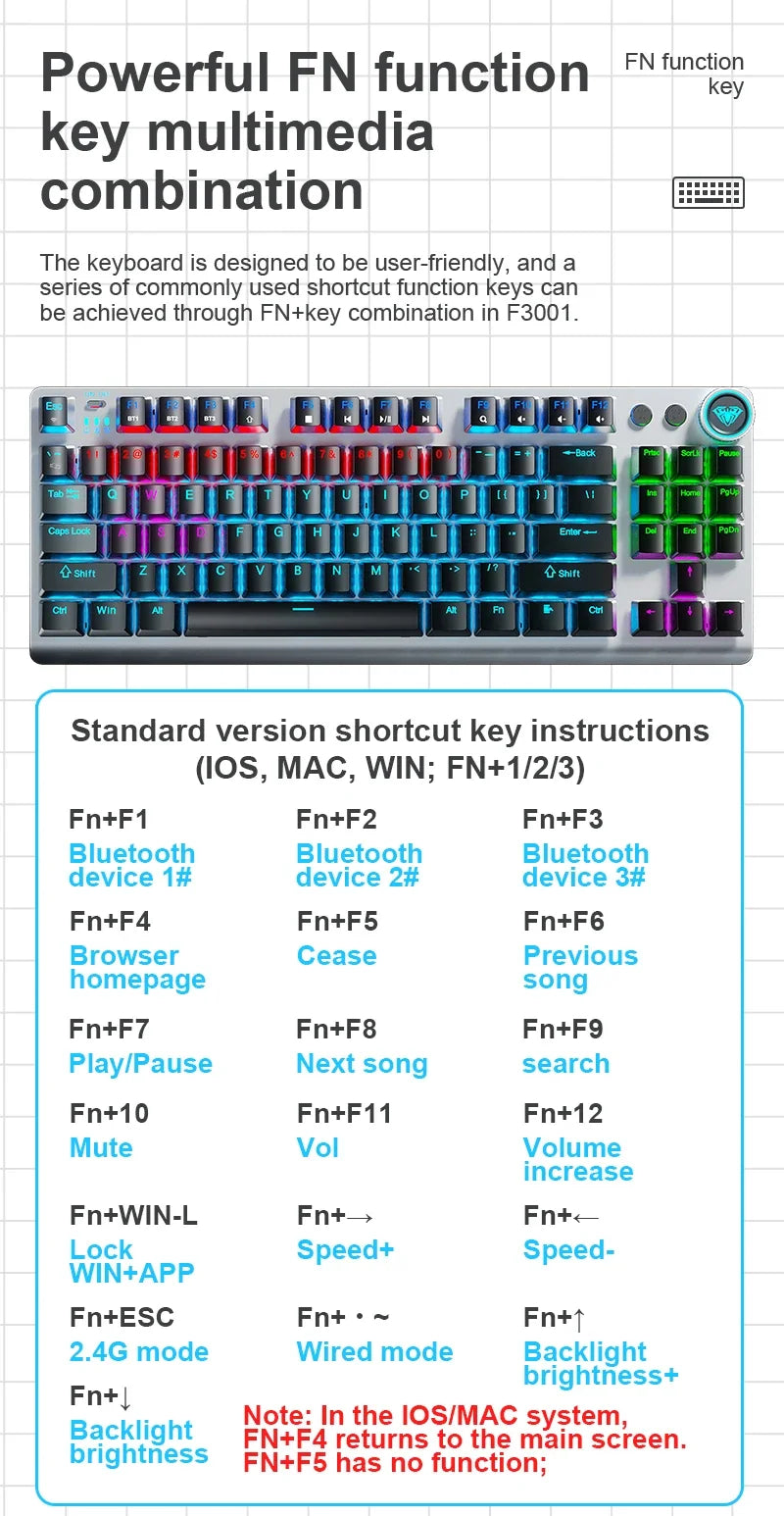 AULA F3001 Mechanical Keyboard Bluetooth Wireless Three Mode Metal Panel Two-color Injection Molding Cool Backlight Effect 87Key