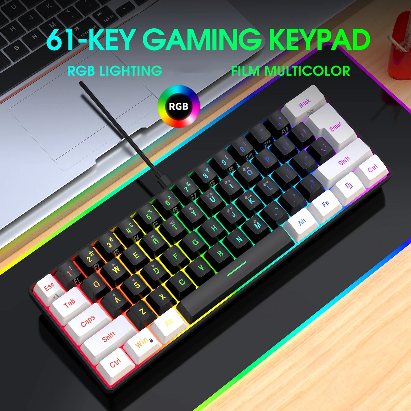 60% Gaming Keyboard Wired RGB Backlit Mini 61 Keys Membrane Keyboard Anti-Ghosting No-Conflict Ultra-Compact for Gamers