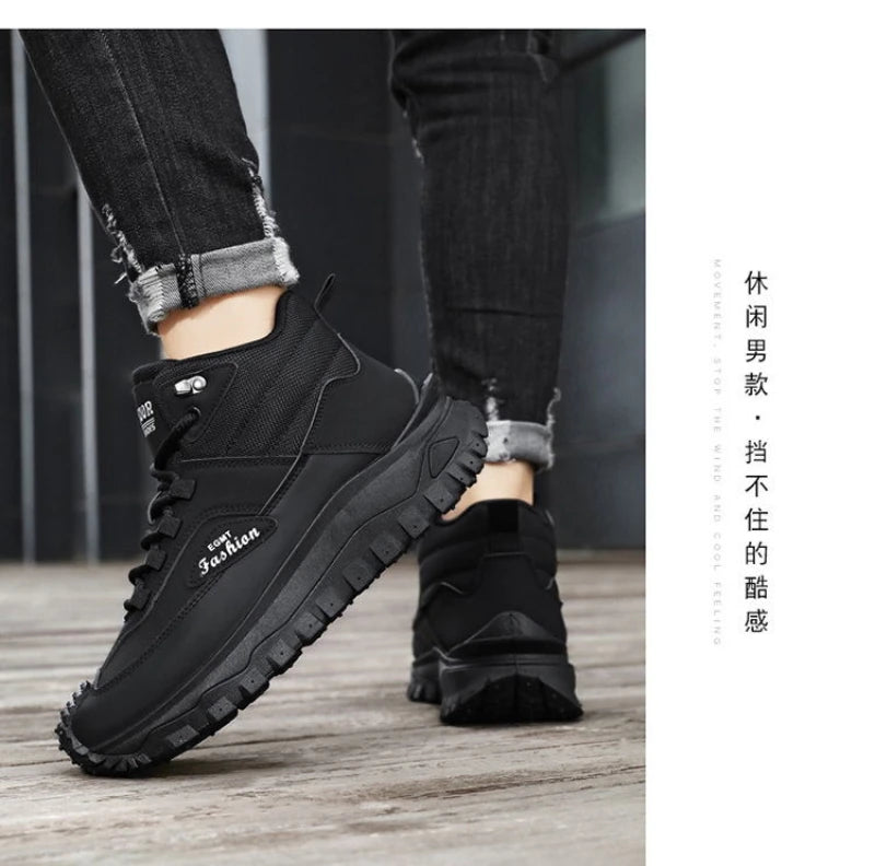 Botas de senderismo de caña media para hombre, en blanco y negro, de cuero impermeable, con plataforma, zapatillas antideslizantes para exterior, calzado informal con suela resistente