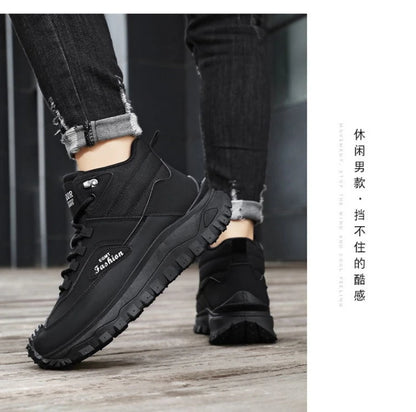 Botas de senderismo de caña media para hombre, en blanco y negro, de cuero impermeable, con plataforma, zapatillas antideslizantes para exterior, calzado informal con suela resistente