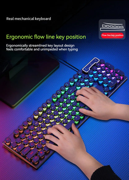 EWEADN GX330 Typewriter Gaming Keyboard 104 Keys Wired Retro Keyboard with RGB Backlit, Round Keycaps, USB Mechanical Style Keyboard for PC & Laptop