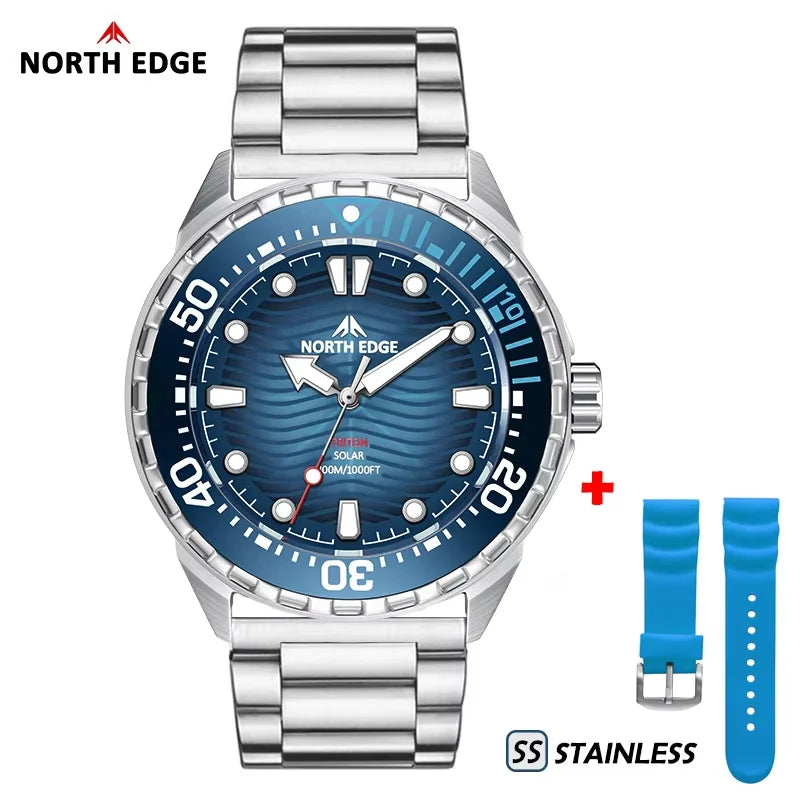 NORTH EDGE TRITON-TI Titanium Stainless Solar-Powered Diving Watch Luxury Quartz Watches For Men 300M Waterproof 180+ Day Power