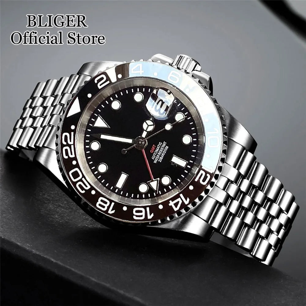 NH34A 200M Waterproof 40mm NH34 GMT Sapphire Luminous Automatic Movement Diving Watch Men Steel Bracelet Black Grey Insert