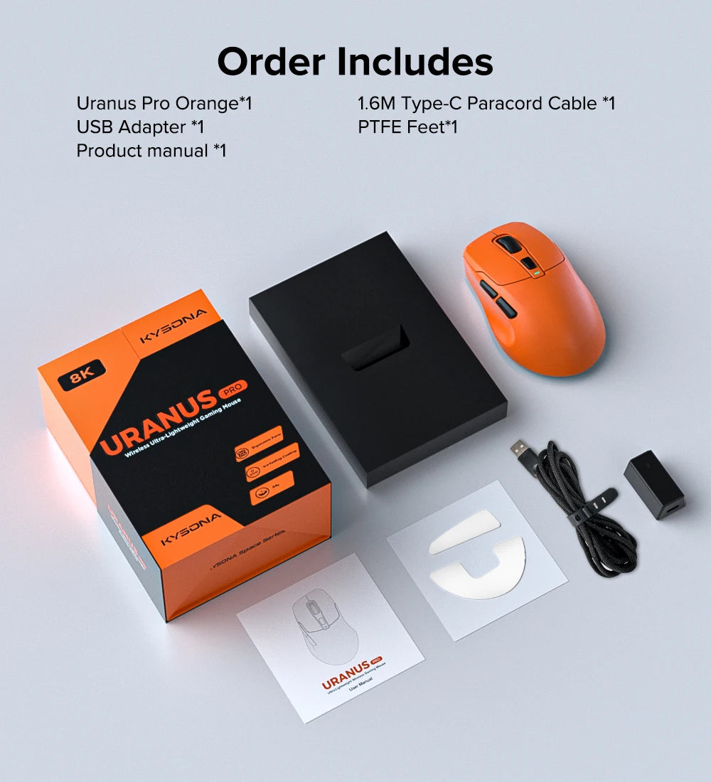 KYSONA Uranus PRO Wireless Gaming Mouse PAW3395, 26,000 DPI, 8KHz Polling Rate, Ultra-Lightweight Ergonomic Wireless Gaming Mouse for PC