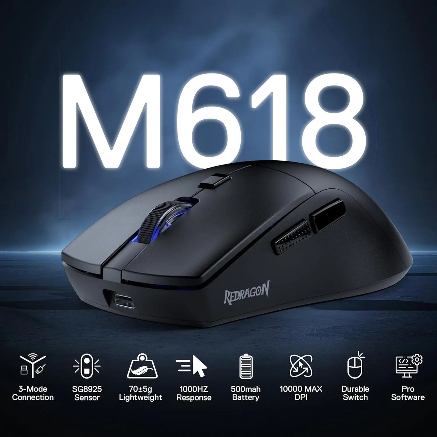 Redragon M618 LIT Wireless Gaming Mouse, 10000 DPI Ergonomic Optical Mouse with Bluetooth, 2.4GHz Wireless, 6 Programmable Buttons for PC & Laptop