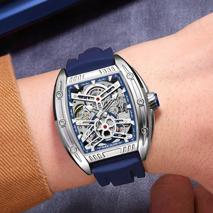 2026 Men's Automatic Mechanical Watch with Stainless Steel Case Silicone Band Skeleton Dial Waterproof Sport Wristwatch