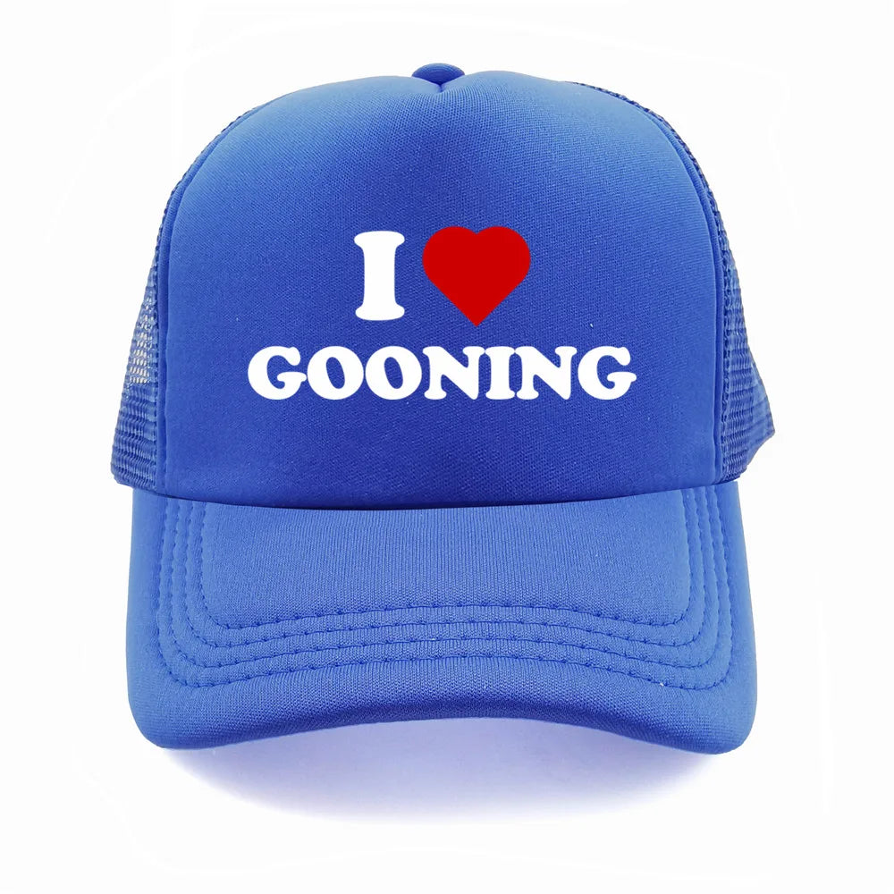 Sjove „I Love Gooning“-baseballkasketter – Cool sommerhat til mænd i netstof – Humoristisk truckerkasket – Unisex udendørs kasketter i netstof – MZ-080