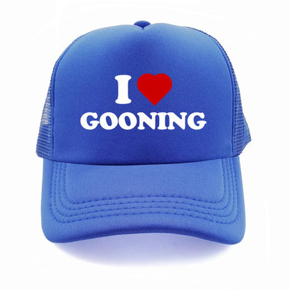 Sjove „I Love Gooning“-baseballkasketter – Cool sommerhat til mænd i netstof – Humoristisk truckerkasket – Unisex udendørs kasketter i netstof – MZ-080