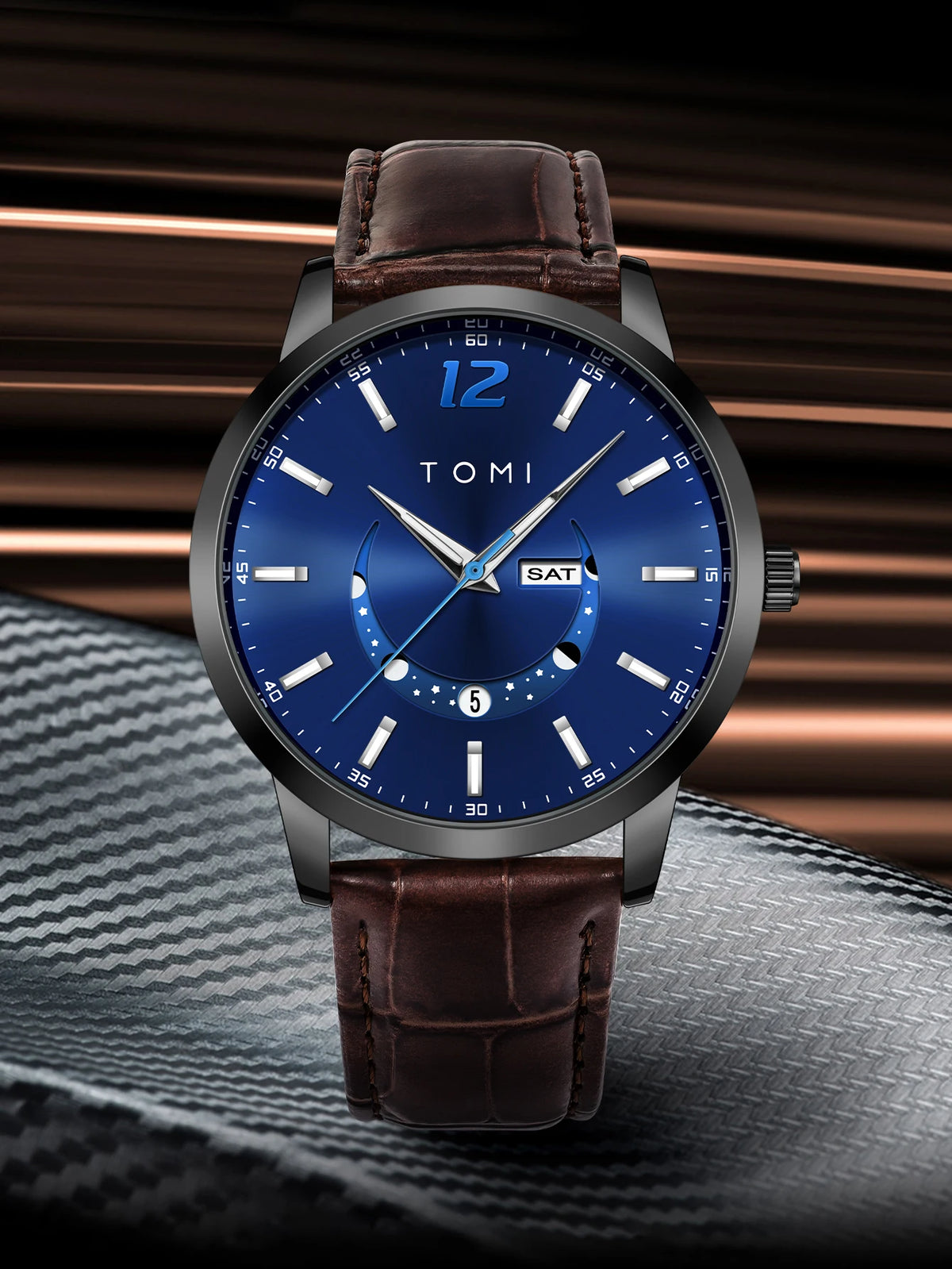 TOMI quartz watch, business-style and elegant, with a leather strap, alloy case and analogue dial – High-end design, a gift idea for men