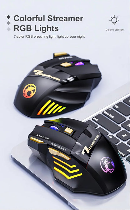 Wireless Bluetooth Mouse Rechargeable RGB Gaming Mouse, Ergonomic Silent Wireless Bluetooth Mouse with 7 Buttons, 3200 DPI Bluetooth Mouse for PC, Laptop & Mac