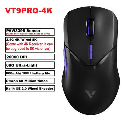 Rapoo VT9PRO Wireless Gaming Mouse PAW3398 26000 DPI Lightweight Programmable Ergonomic Gaming Mouse with Type-C Rechargeable Dual Mode