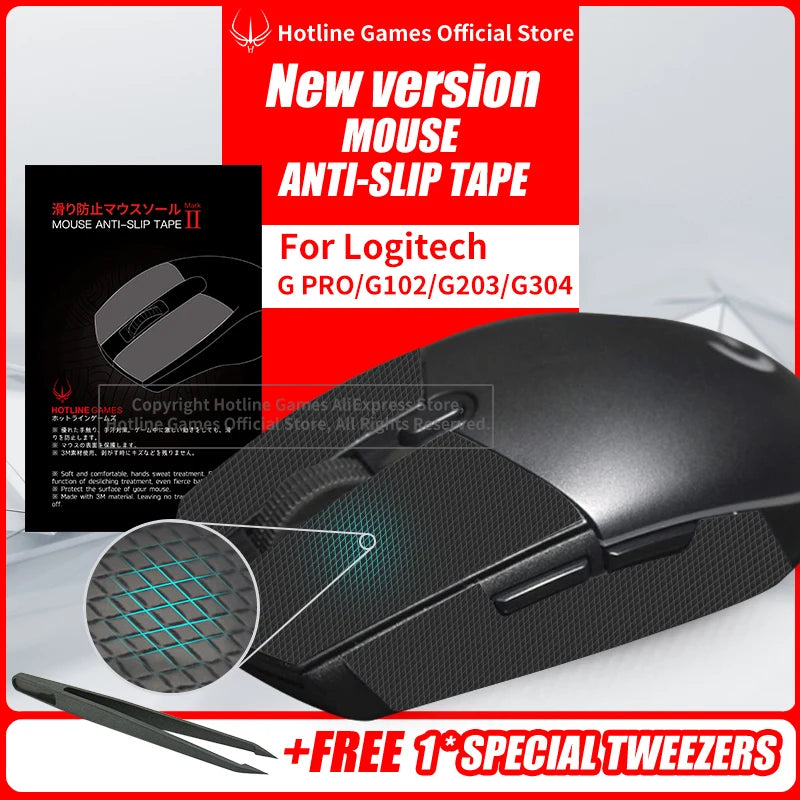 Hotline Games halkfri tejp för mus till Logitech G305 G203 G102 G304, svettresistenta musgrepp, halkfria sidoklistermärken för mus