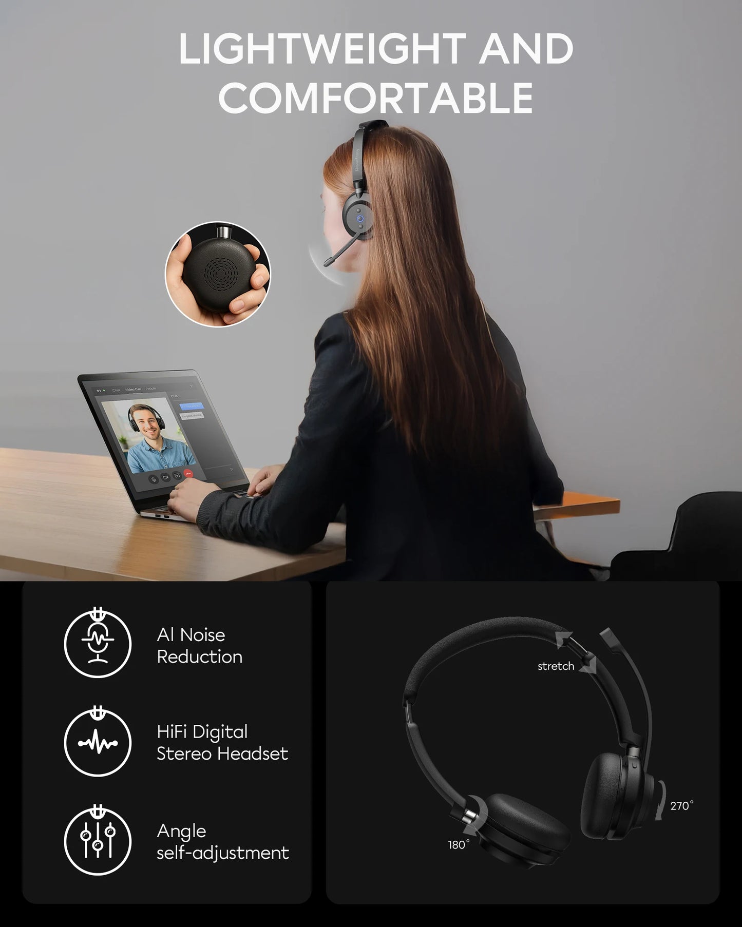 Rownfusny Wireless Headset with Mic for Work Bluetooth Over Ear Headphones USB Dongle for Computer/Remote Work/Call Center