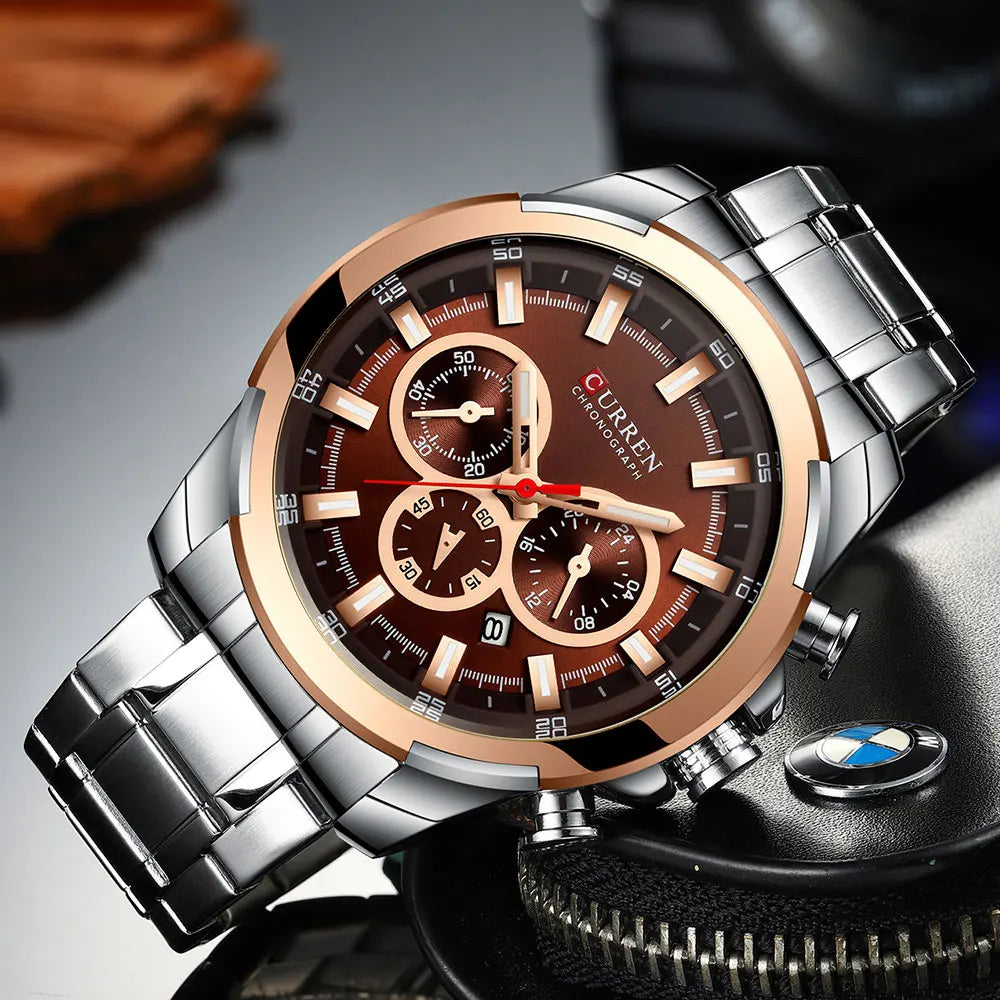 Pánské chronografové hodinky CURREN, velký ciferník o průměru 48 mm, náramek z nerezové oceli, tři pomocné ciferníky, sportovní náramkové hodinky s quartzovým strojkem, luxusní styl