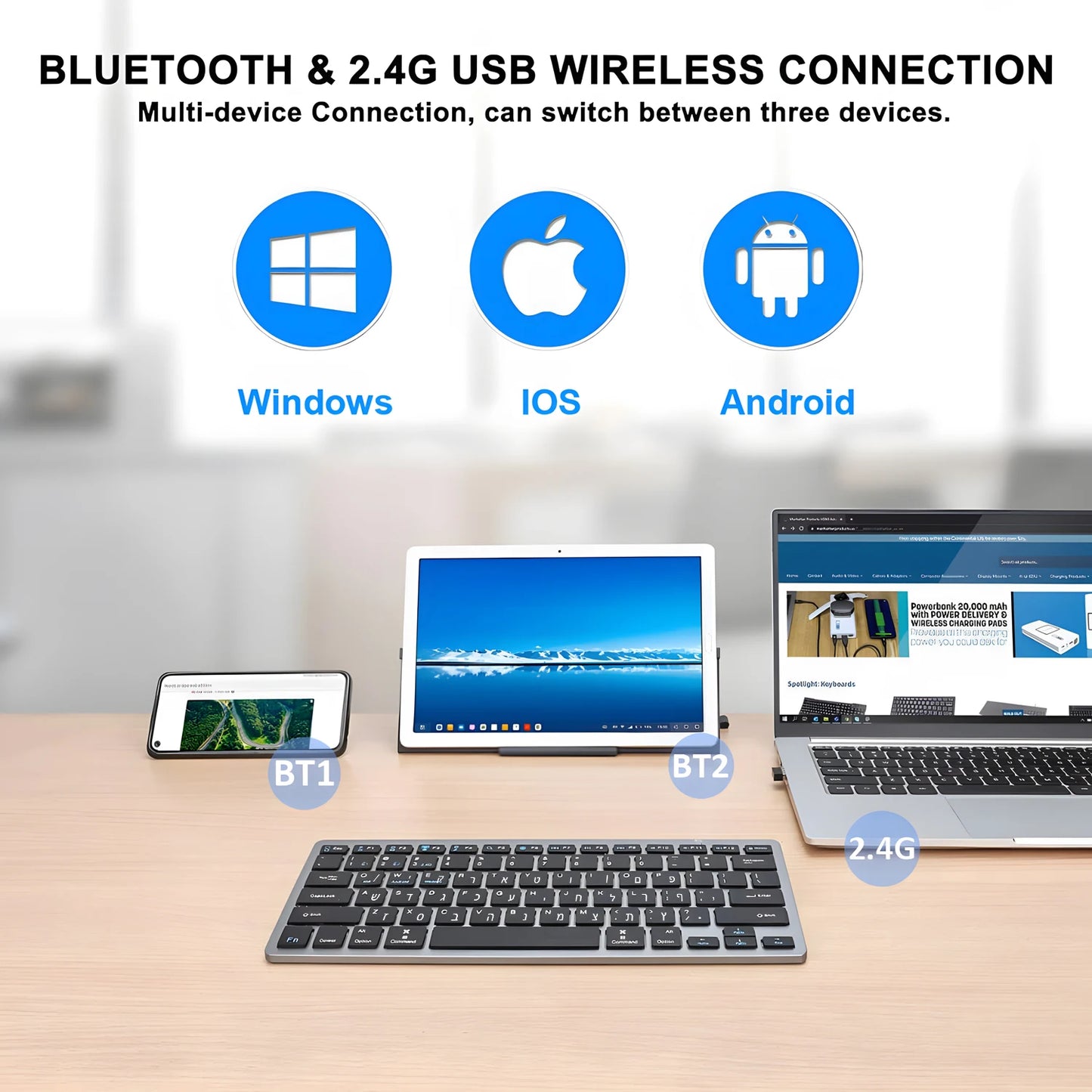 Ultraflache hebräische Bluetooth- & 2.4G-Dual-Mode-Tastatur, kabellose Israel-Tastatur mit geringer Geräuschentwicklung für iOS, iPad, Android-Tablets und Windows