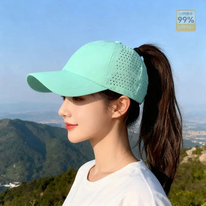 1 unidad de gorras de béisbol con lengüeta de secado rápido para mujer, protección de verano, malla transpirable, gorra transpirable, elegante y ajustable, ideal para llevar la coleta.