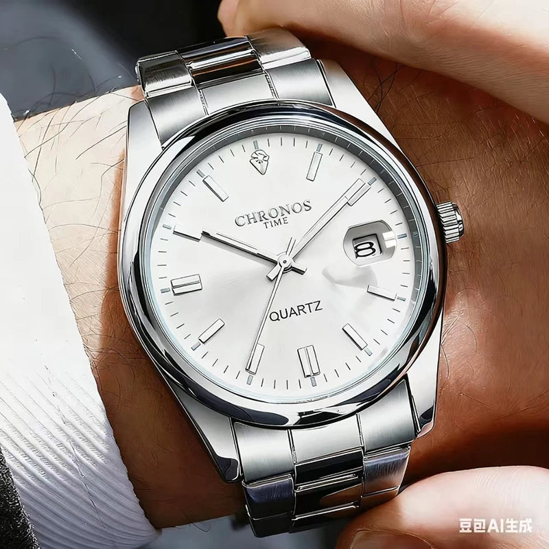 Męski zegarek na rękę CHRONOS – luksusowa marka, wodoodporny, podświetlany, z datownikiem, ze stali nierdzewnej, z mechanizmem kwarcowym.