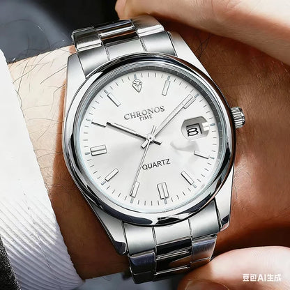 Męski zegarek na rękę CHRONOS – luksusowa marka, wodoodporny, podświetlany, z datownikiem, ze stali nierdzewnej, z mechanizmem kwarcowym.