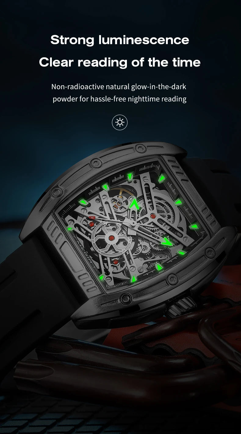 2026 Men's Automatic Mechanical Watch with Stainless Steel Case Silicone Band Skeleton Dial Waterproof Sport Wristwatch