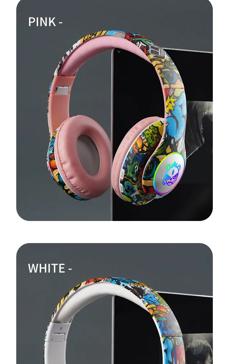 Auriculares gaming Bluetooth inalámbricos New Graffiti LX-8686 con micrófono, luz LED, compatibilidad con tarjeta TF, graves profundos y diseño circumaural para PC, gaming y niños