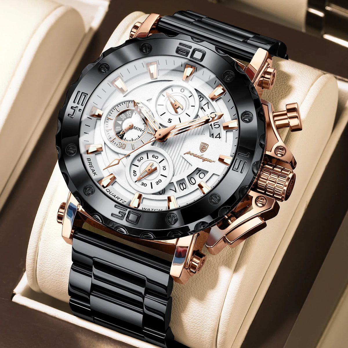 Luxusní pánské hodinky POEDAGAR, s luminiscenčními ručičkami, vodotěsné, chronograf, datum, nerezová ocel, quartz, Reloj