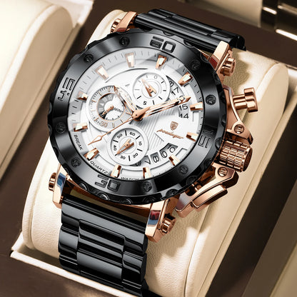 Luxusní pánské hodinky POEDAGAR, s luminiscenčními ručičkami, vodotěsné, chronograf, datum, nerezová ocel, quartz, Reloj