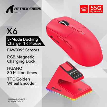 Attack Shark X6 Wireless Ergonomic Gaming Mouse, Tri-Mode Bluetooth, 2.4G & Wired Gaming Mouse, 26000 DPI Rechargeable RGB Gaming Mouse