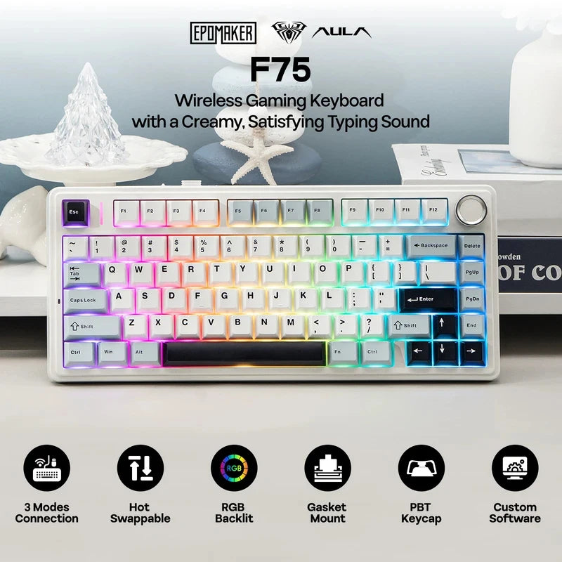 The New Hot-Selling EPOMAKER x AULA F75 75% ANSI Hot-Swappable Washer Bluetooth 5.0/2.4G Wireless/wired Mechanical Keyboard PBT