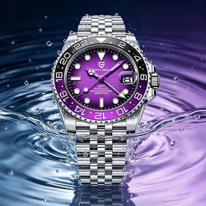 Montre mécanique pour homme PAGANI DESIGN (40 mm) – Cadran violet, fonction GMT, bracelet type Jubilee, verre saphir, étanche, mouvement automatique