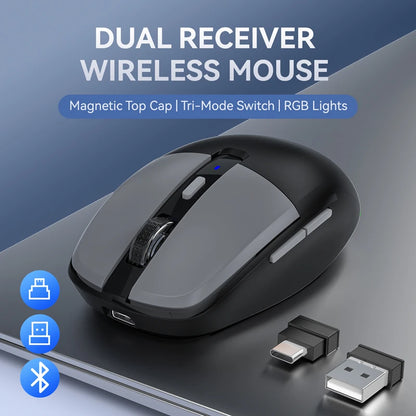 Tri-Mode Wireless Mouse with Dual USB & Type-C Receivers, Bluetooth 5.1 Rechargeable Silent RGB Mouse for Laptop, PC, Mac, Android & iOS