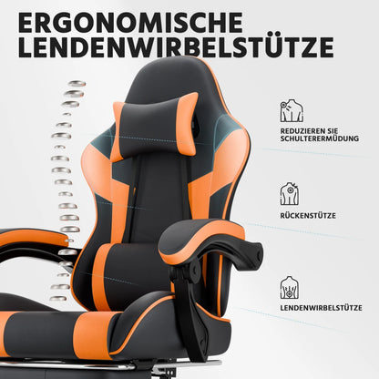 Ergonomic Gaming Chair with Lumbar Support, PU Leather Computer Chair, Adjustable Reclining Gaming Chair with Footrest for Office & PC Setup