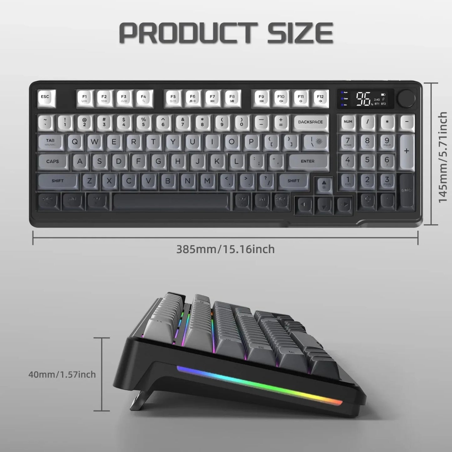 FREEWOLF M96 Wireless Keyboard RGB Gaming Keyboard with Knob Control, Bluetooth/2.4G/USB Wired Mechanical Feel Keyboard, PBT Keycaps, Display Screen, 3000mAh Battery