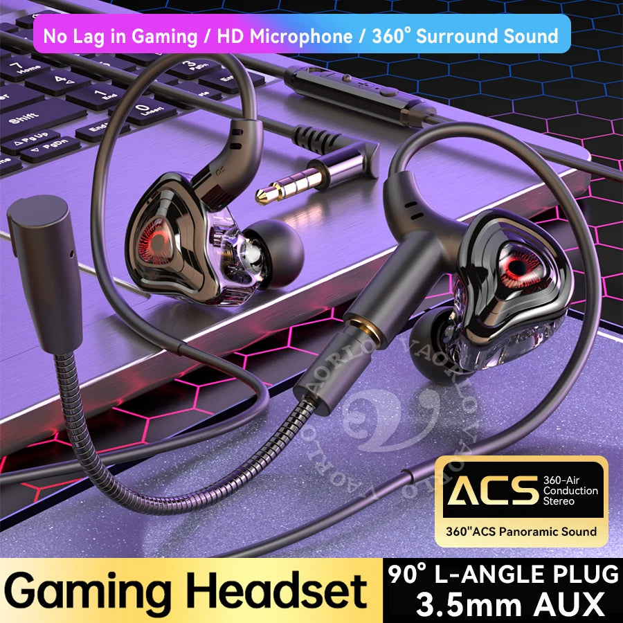 VAORLO 360° Surround Sound E-Sports Gaming Headset Wired Earphones with Dual Mic, HiFi Stereo Gaming Headphones, Type-C 3.5mm USB Low Latency PUBG Gaming Earbuds