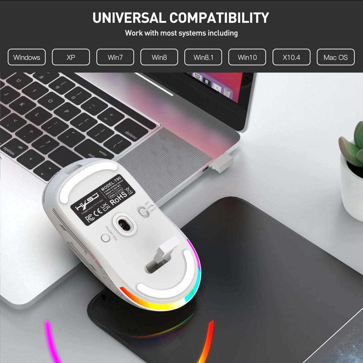 HXSJ T90 Bluetooth Gaming Mouse, 3 Modes Wireless Rechargeable RGB Gaming Mouse, Bluetooth 5.3 & 2.4G USB Gaming Mouse for PC, Laptop, Mac, iPad & Tablet